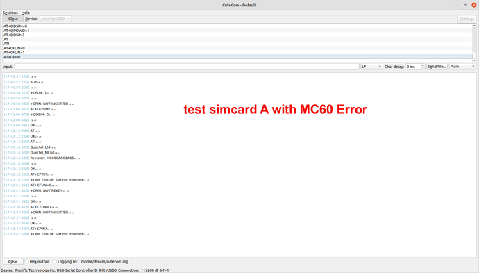 test simcard A with MC60 Error