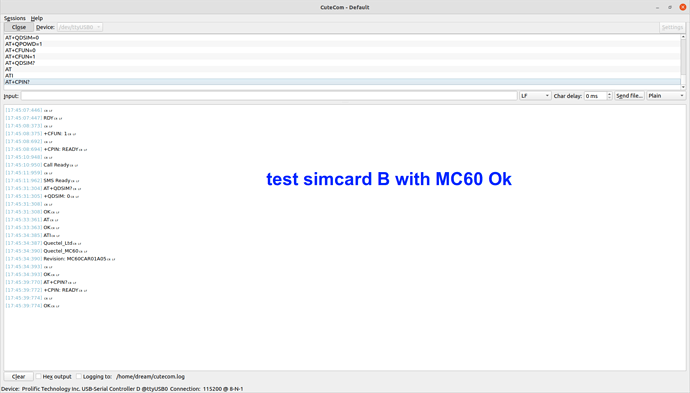 test simcard B with MC60 Ok