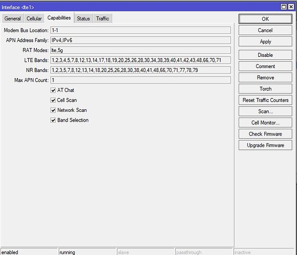 routeros LTE interface capabilities for RG255-CL